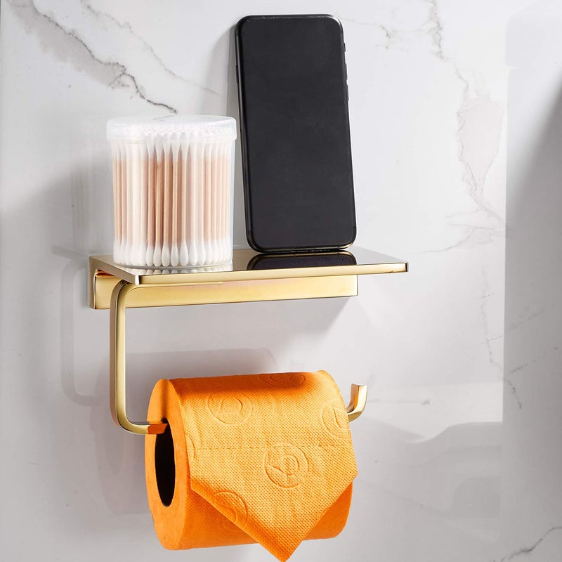 LANGPAI Toilet Paper Holder for Bathroom Solid Brass and Superior Hotel Style Tissue Roll Holder with Cell Phone Storage Gold Finish - Image 2